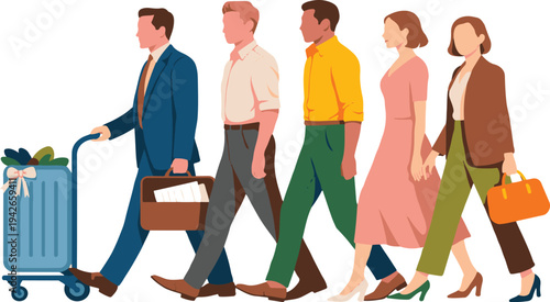 Cartoon people walking in line with luggage and briefcase to airport or train station