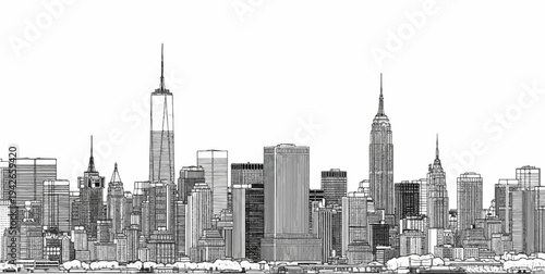 Stylized line drawing of a dense city skyline with many skyscrapers