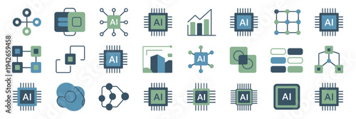 Machine learning data and processor icons – Suitable for IT branding.