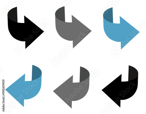 Set of vector arrows. Set of curved 3d ribbon arrow icons in black grey and blue colors for navigation direction interface design and presentation