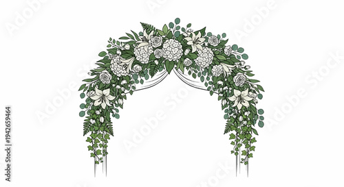 Elaborate floral archway with white lilies, roses, hydrangeas, and greenery