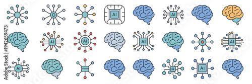 AI neural network and brain silhouette icons – Suitable for software.
