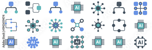 Machine learning algorithm and chip icons – Perfect for data science.