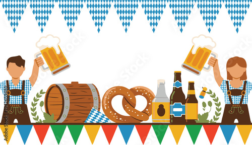 Oktoberfest celebration with people holding beer mugs and traditional German food on a table  festive atmosphere