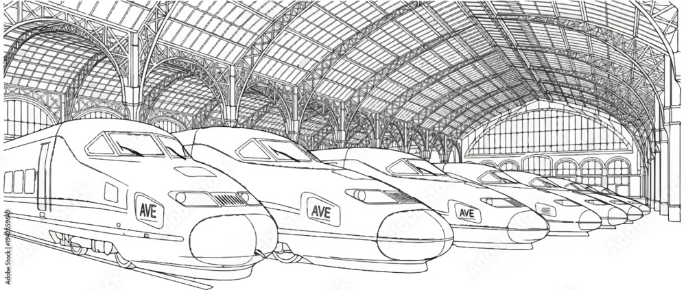 Obraz premium Stylized line art of multiple high-speed trains docked inside a grand station