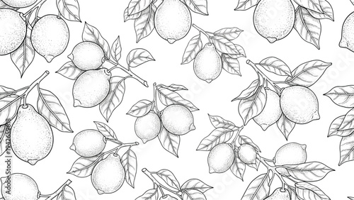 Elaborate seamless pattern of detailed hand drawn lemon branches with fruits and leaves in black and white for artistic background designs.
