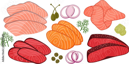 An assortment of raw fish slices, capers, dill sprigs, onion rings, and wasabi paste