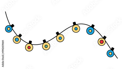 Colorful and festive string of party lights with glowing bulbs in blue, yellow, and red colors arranged in a wave for celebration backgrounds.