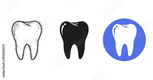 Set of tooth icons in sketch, solid black, and blue circle designs