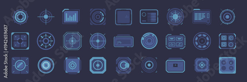 Modern digital HUD display and hologram icon set – Great for virtual reality interfaces, tech blogs, or futuristic web design.