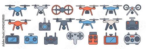 Drone components and quadcopter accessories icon bundle – Suitable for e-commerce sites, tech reviews, or aviation brochures.