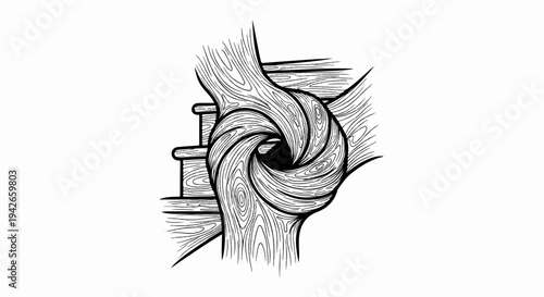 Black and white illustration of twisted wooden stairs and beams forming a vortex