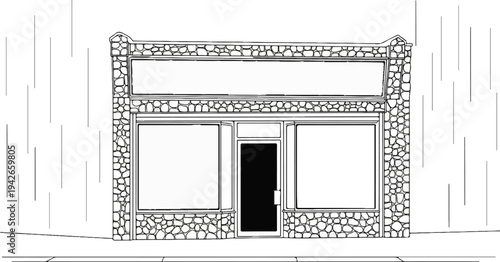 Black and white drawing of a rustic stone-fronted store with large display windows