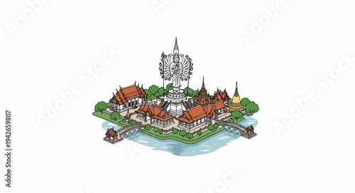 Isometric view of a multi-armed statue surrounded by traditional buildings and water