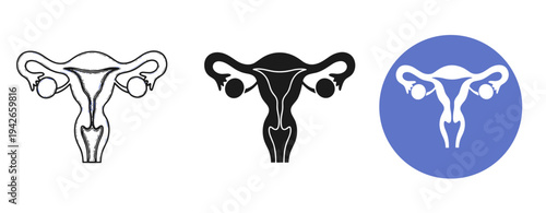Uterus icons set: black and white, silhouette, circular blue background