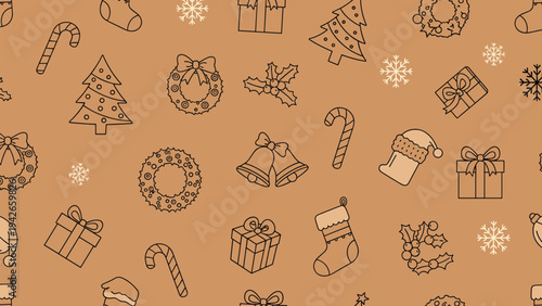 Seamless Christmas pattern on a brown background featuring hand drawn trees, wreaths, bells, gifts, and snowflakes for holiday wrapping.
