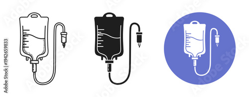 Medical iv drip icons: three styles in black and white with blue circle