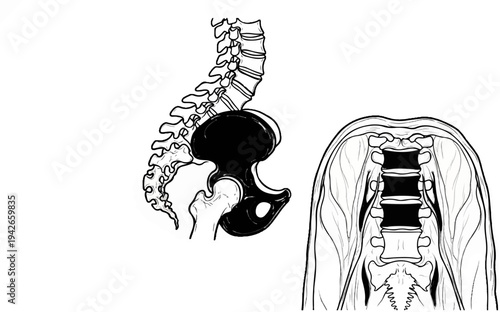 Anatomical illustration of the human pelvis and lumbar spine