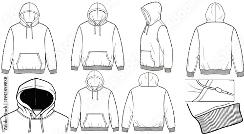 Line art fashion sketches of a hooded sweatshirt from multiple angles, showing details
