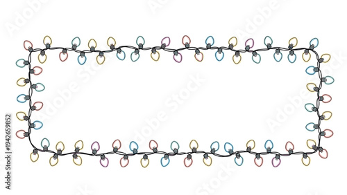 Decorative rectangular frame made of a colorful string of electric light bulbs on a white background for festive holiday celebrations.