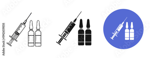 Medical syringe and vial icons in black and white with blue background