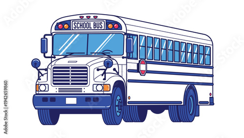 Classic school bus illustration in white and blue colors with detailed features like windows and mirrors for educational transportation.