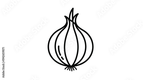 Simple black line drawing of a fresh onion bulb with small green sprouts on top isolated on a white background for culinary vector art.