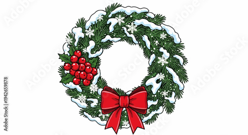 Festive winter wreath with evergreen branches, holly, red bow, and snow