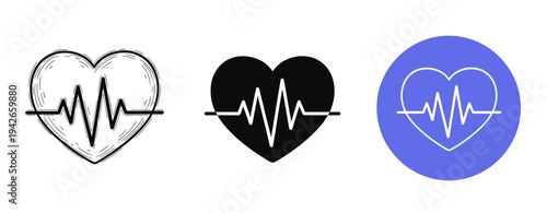 Heartbeat icons: hand-drawn, solid black, and blue circle designs