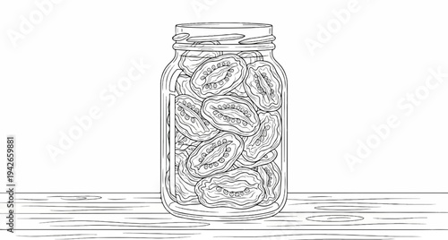 Line drawing of a glass jar filled with sun-dried tomatoes on a wooden surface