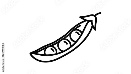 Hand drawn black outline of a pea pod with three peas inside isolated on white, perfect for healthy food and garden themed illustrations.