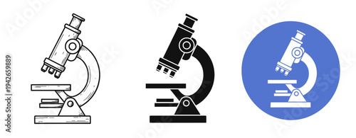 Microscope icon set: line, solid, and circle styles for science illustrations