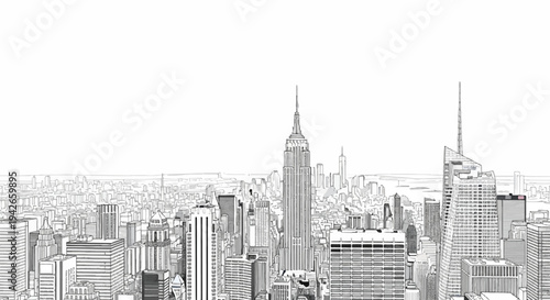 Stylized sketch of a dense cityscape with a prominent central skyscraper