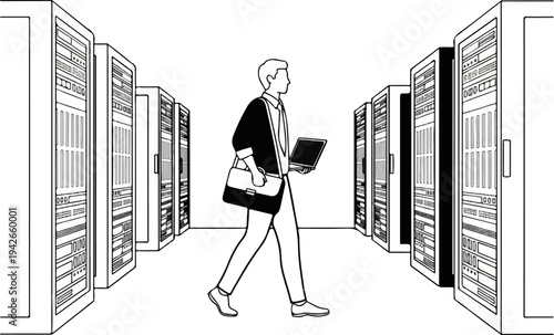 Man walking in a server room holding a laptop and briefcase