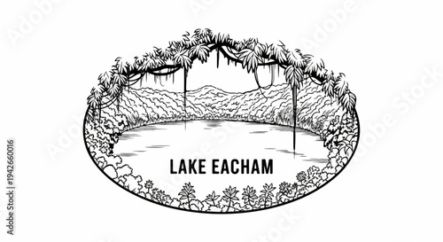 Lush jungle foliage arches over a serene lake with distant hills