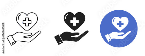 Healthcare icon set: hand holding heart with medical cross in varied styles