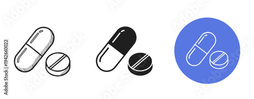 Pill and tablet icon set: outline, solid, and filled styles on white and blue backgrounds