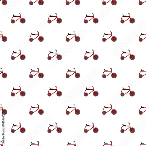 Red tricycles forming a seamless pattern on a clean white background