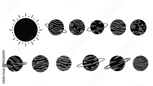 Silhouettes of the sun and various planets of the solar system in a black and white diagram for astronomy and educational science themes.