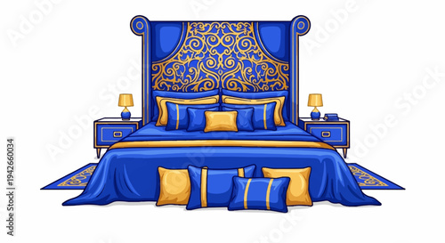 Luxurious blue and gold ornate bed with matching nightstands and rugs
