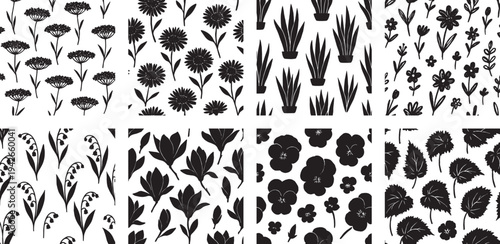 Classic Garden Flowers and Leaf Silhouette Set
