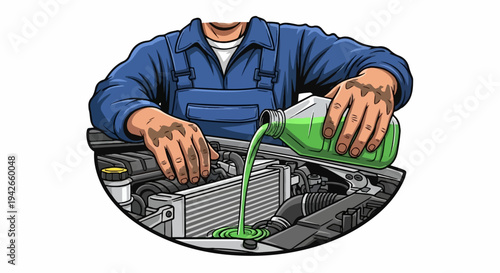 Mechanic in blue overalls pours green fluid into car engine