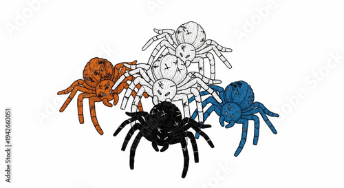Five stylized spiders in orange, black, white, and blue hues arranged in a cluster