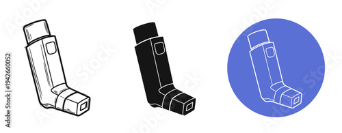 Set of inhaler icons in black and white with blue background circle