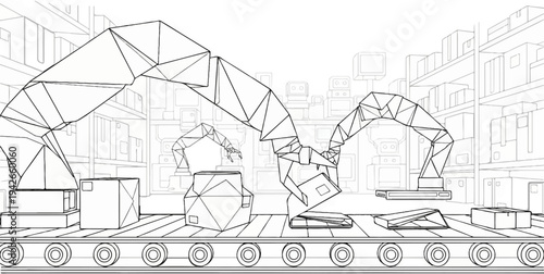 Automated factory with robotic arms and conveyor belt