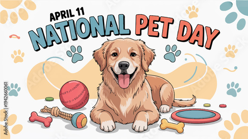 Golden retriever dog lying with toys on national pet day april 11th celebration background
