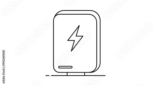 Minimalist line art illustration of a portable power bank or battery pack with a lightning bolt symbol for electronic charging technology.
