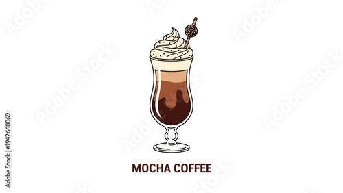Illustration of a mocha coffee glass with layers of dark and light coffee topped with whipped cream and a chocolate stick for cafe menu.