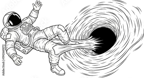 Astronaut is being pulled into a swirling black hole in space