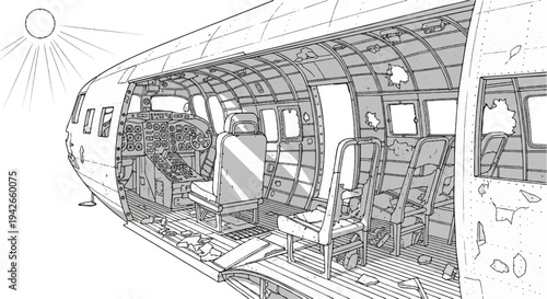 Sunlit interior of a damaged aircraft with a cockpit and passenger seats